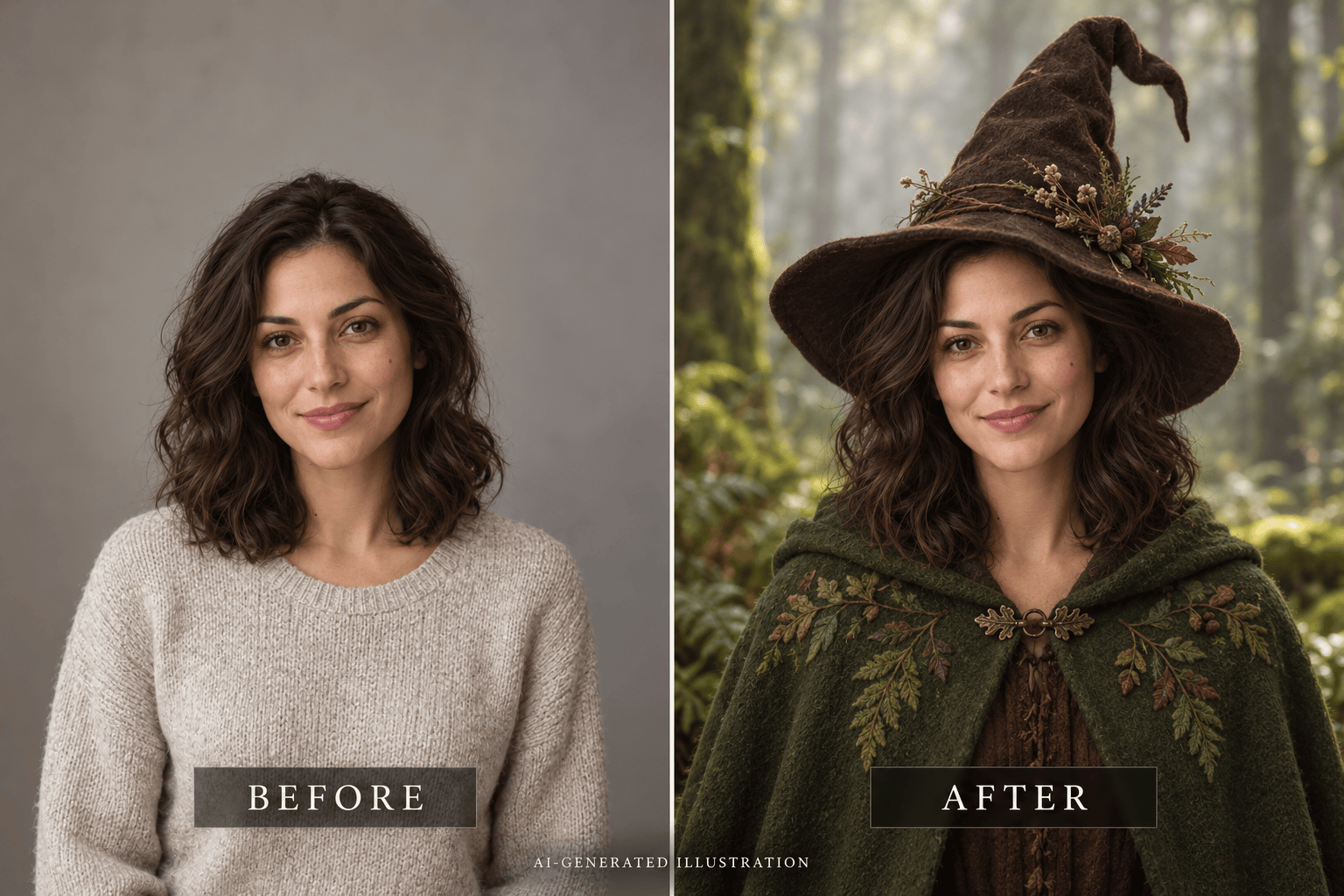 Forest witch portrait before and after