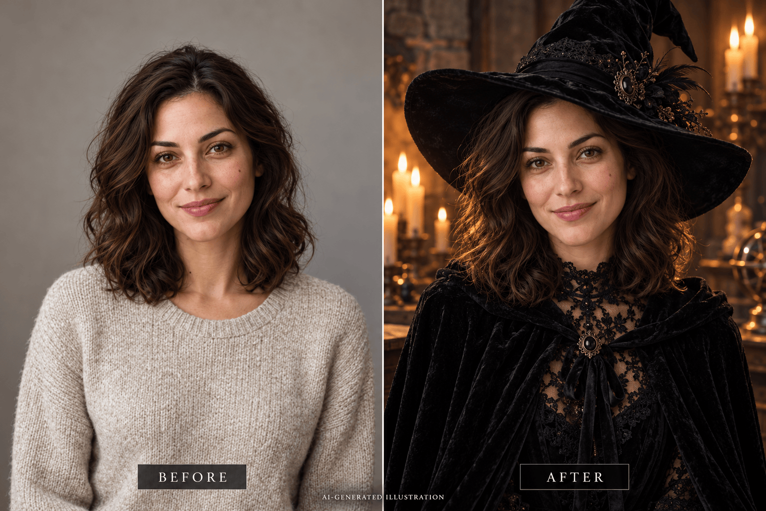 Gothic witch AI photo before and after