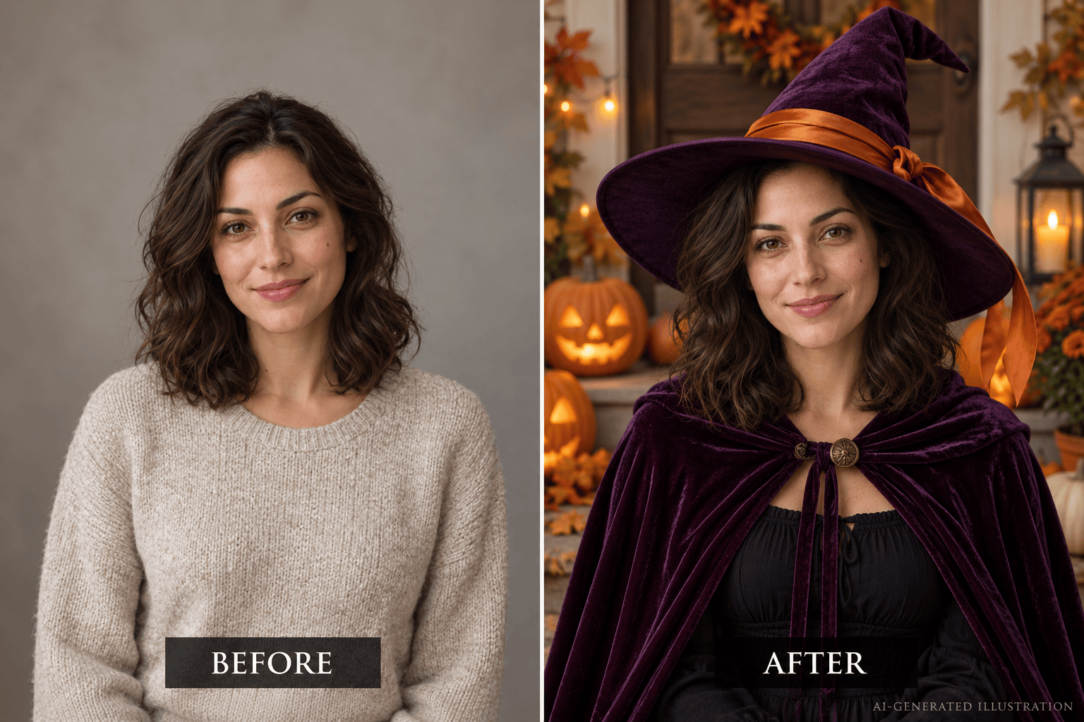 Halloween witch selfie before and after