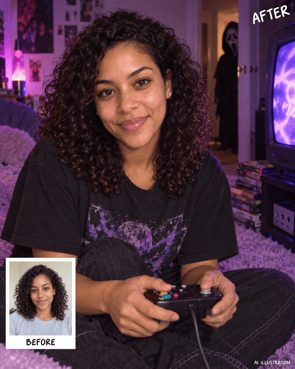 Retro Halloween gamer portrait before and after
