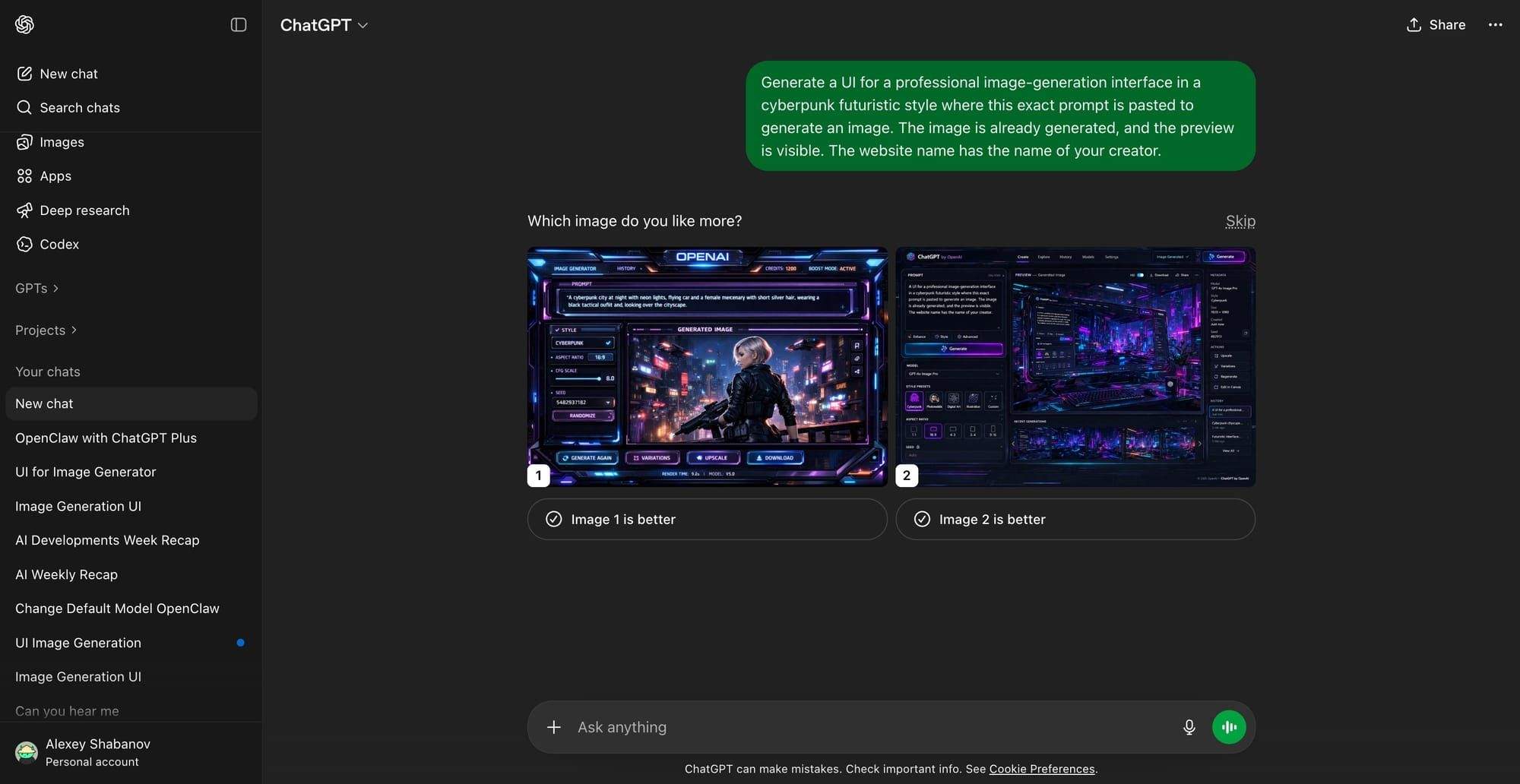 GPT Image 2 rumor sample from ChatGPT A/B testing showing realistic UI and improved text rendering