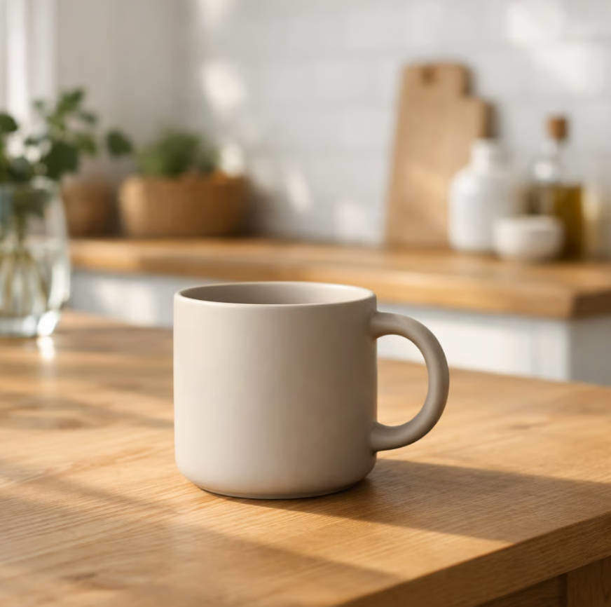 OpenAI GPT Image example showing a beige coffee mug on a wooden table generated with the official GPT Image image generation guide