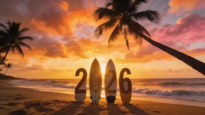 Beach sunrise surfboard ocean 2026