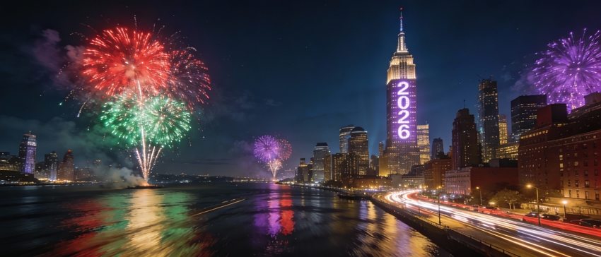 City skyline fireworks panorama 2026