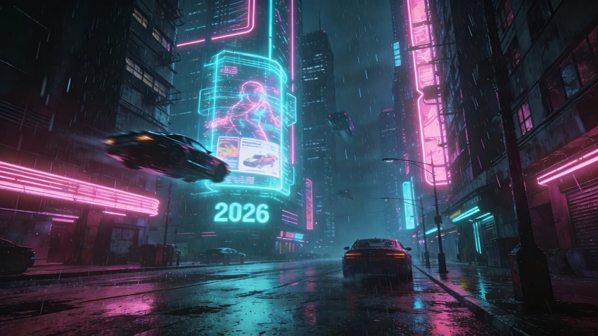 cyberpunk future city neon night 2026