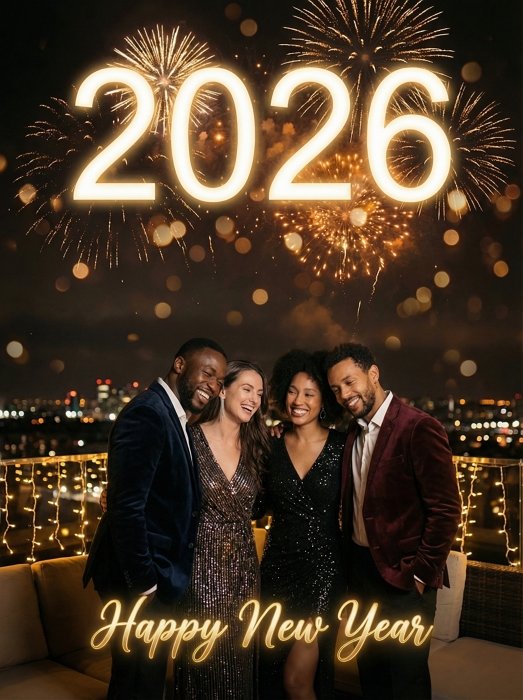 diverse group of friends celebrating new year 2026 on a luxury rooftop terrace with glowing neon sign and city fireworks background