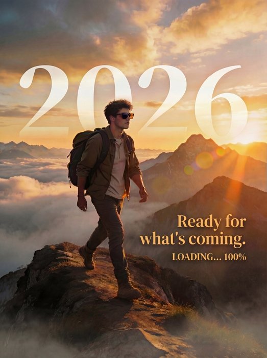 hiker on epic mountain ridge, 2026 sky