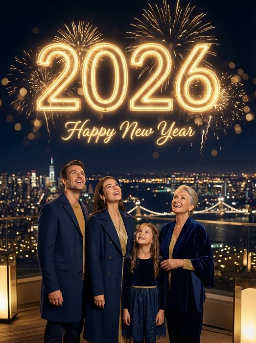 family luxury rooftop new year celebration with golden 2026 neon sign and city fireworks background