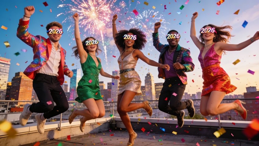 Friends jumping party 2026 happy new year celebration