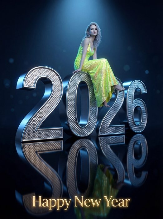 glamorous woman sitting on 3d 2026 numbers happy new year portrait