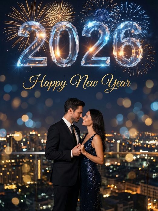 happy New Year 2026 romantic couple on luxury rooftop