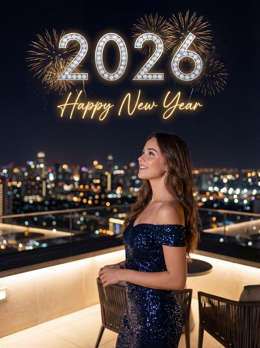 woman celebrating New Year 2026 rooftop