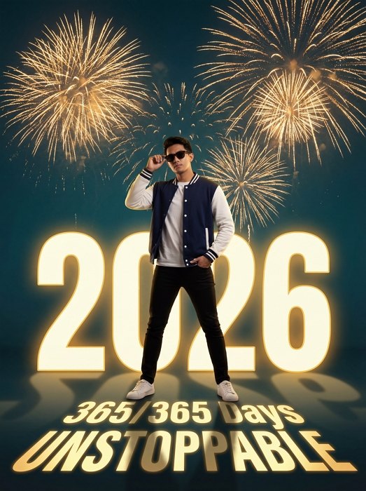 stylish man with 2026 fireworks backdrop