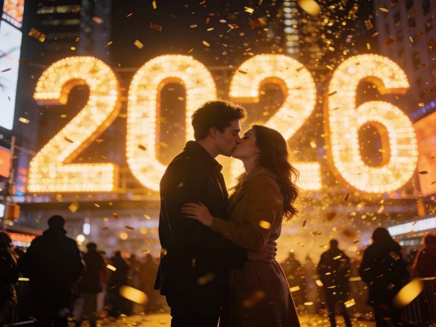 romantic couple kiss 2026 new year midnight