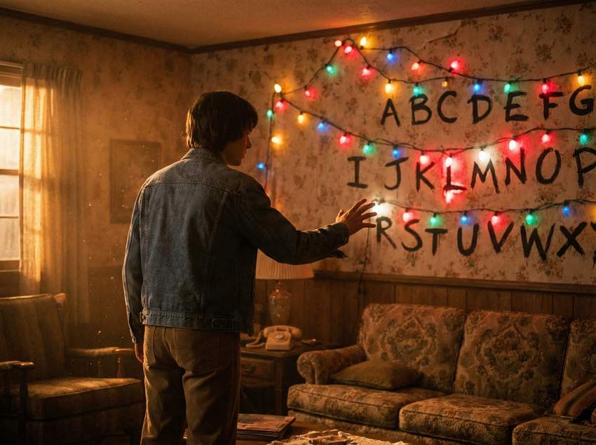 christmas lights message wall - stranger things 80s room ai effect
