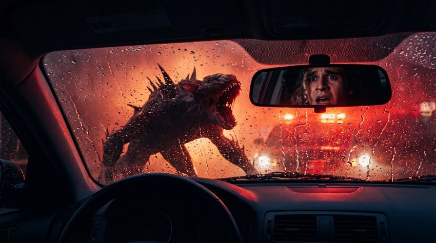 rearview mirror monster - demogorgon car chase ai effect