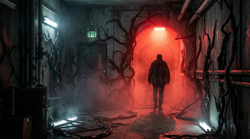 neon red doorway with black vines - upside down hallway ai effect