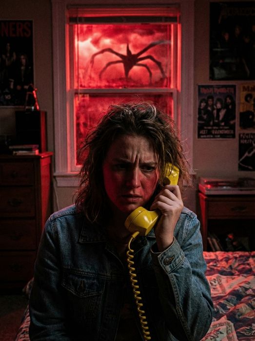 red window demogorgon shadow - retro phone horror ai scene