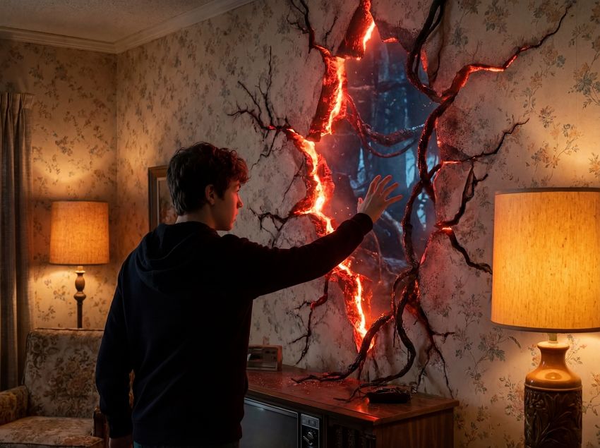 living room wall crack portal - upside down dimensional rift ai effect