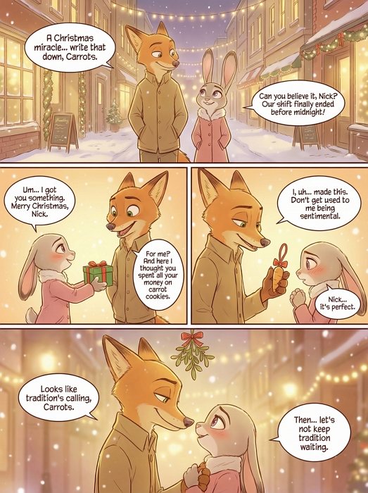 疯狂动物城圣诞漫画 ai 尼克 朱迪 4格 浪漫假日 漫画