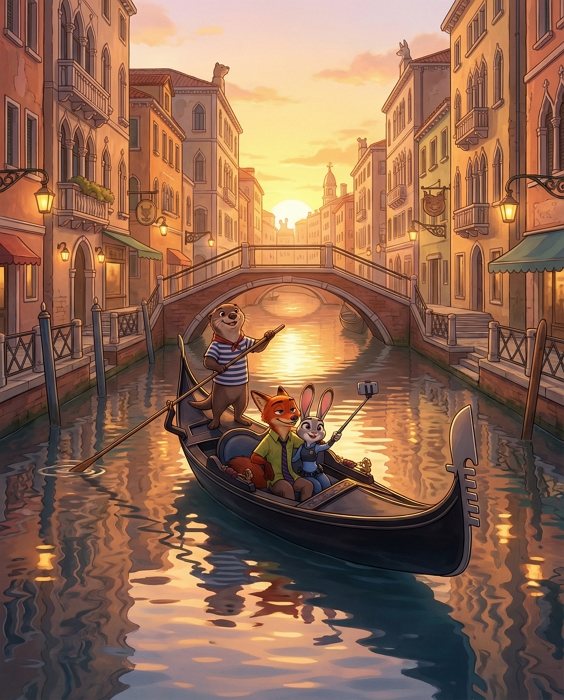 疯狂动物城自拍 ai 照片 场景 贡多拉游船