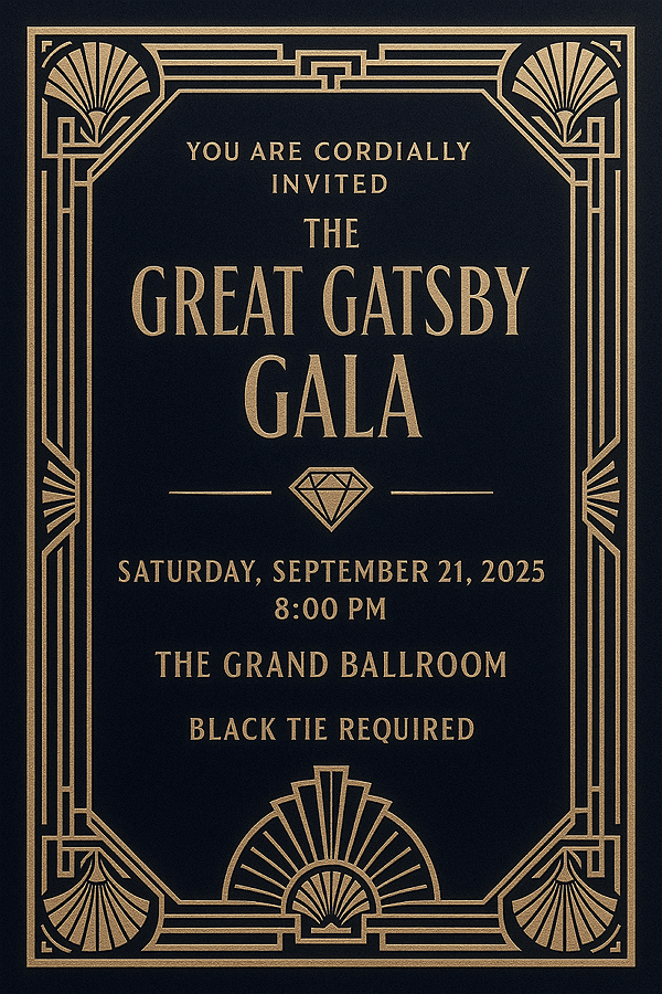 Art Deco Great Gatsby themed event invitation design