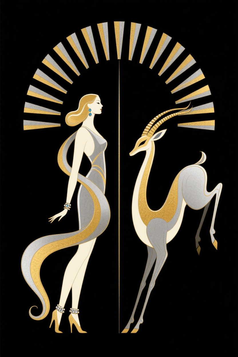 streamlined art deco figures and gazelle motif