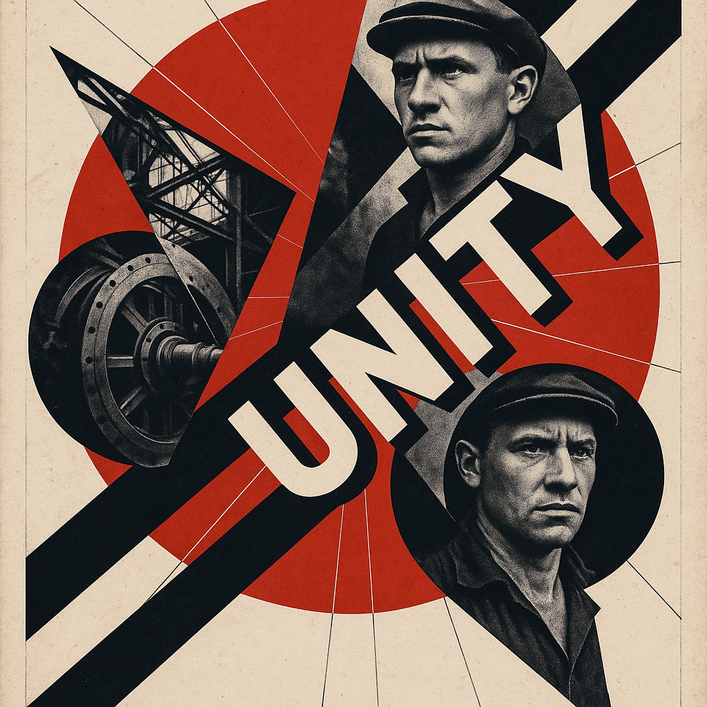 constructivist photomontage with industrial imagery, geometric shapes, and bold text