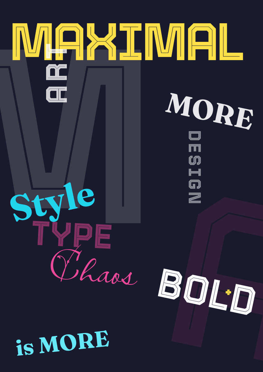 maximalistische typografie, die serifen-, skript- und serifenlose schriften mischt