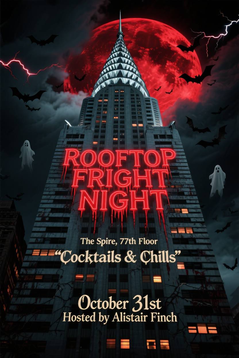 unique vintage halloween invitation with haunted art deco skyscraper