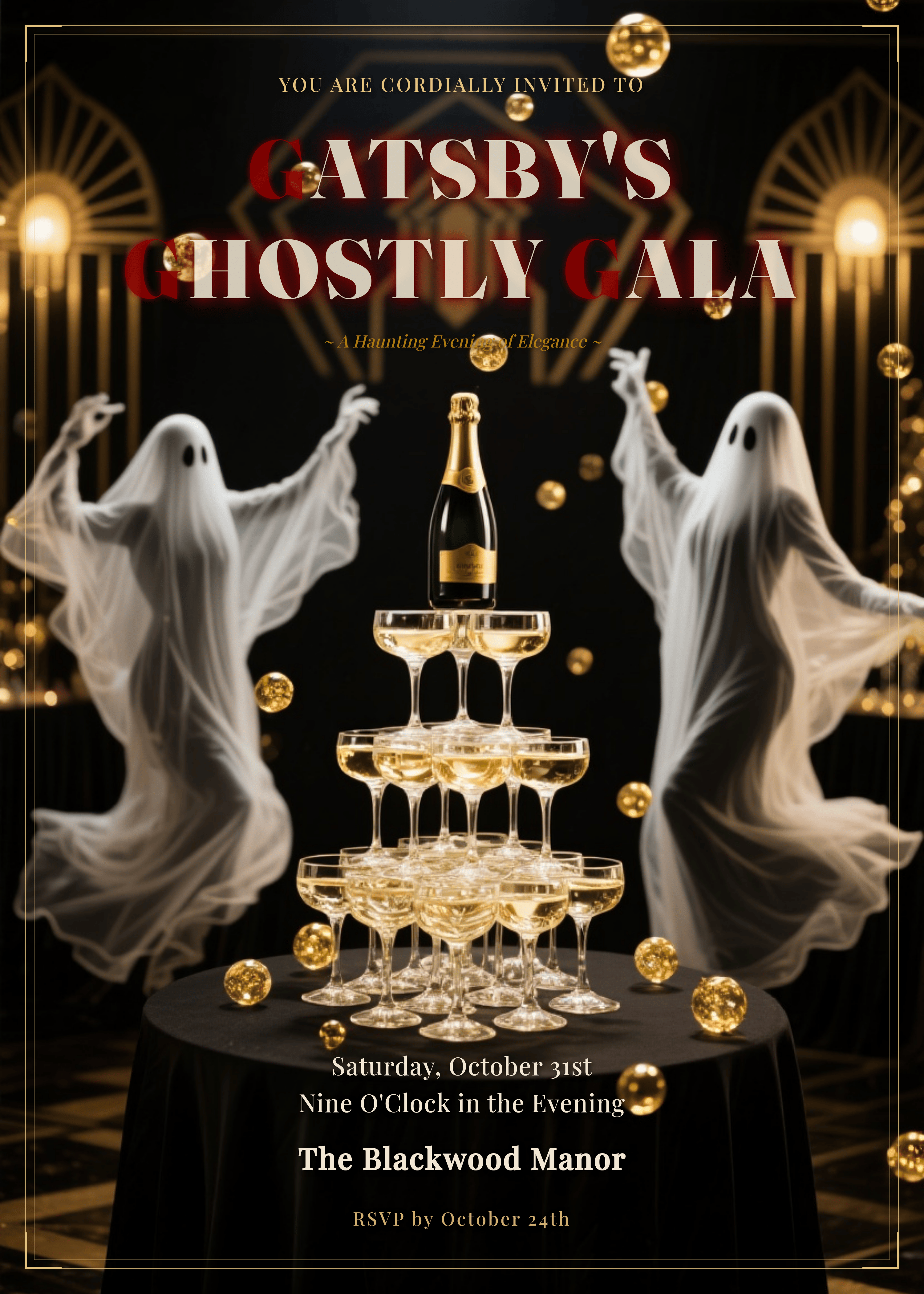 1920s art deco halloween invitation with dancing ghosts