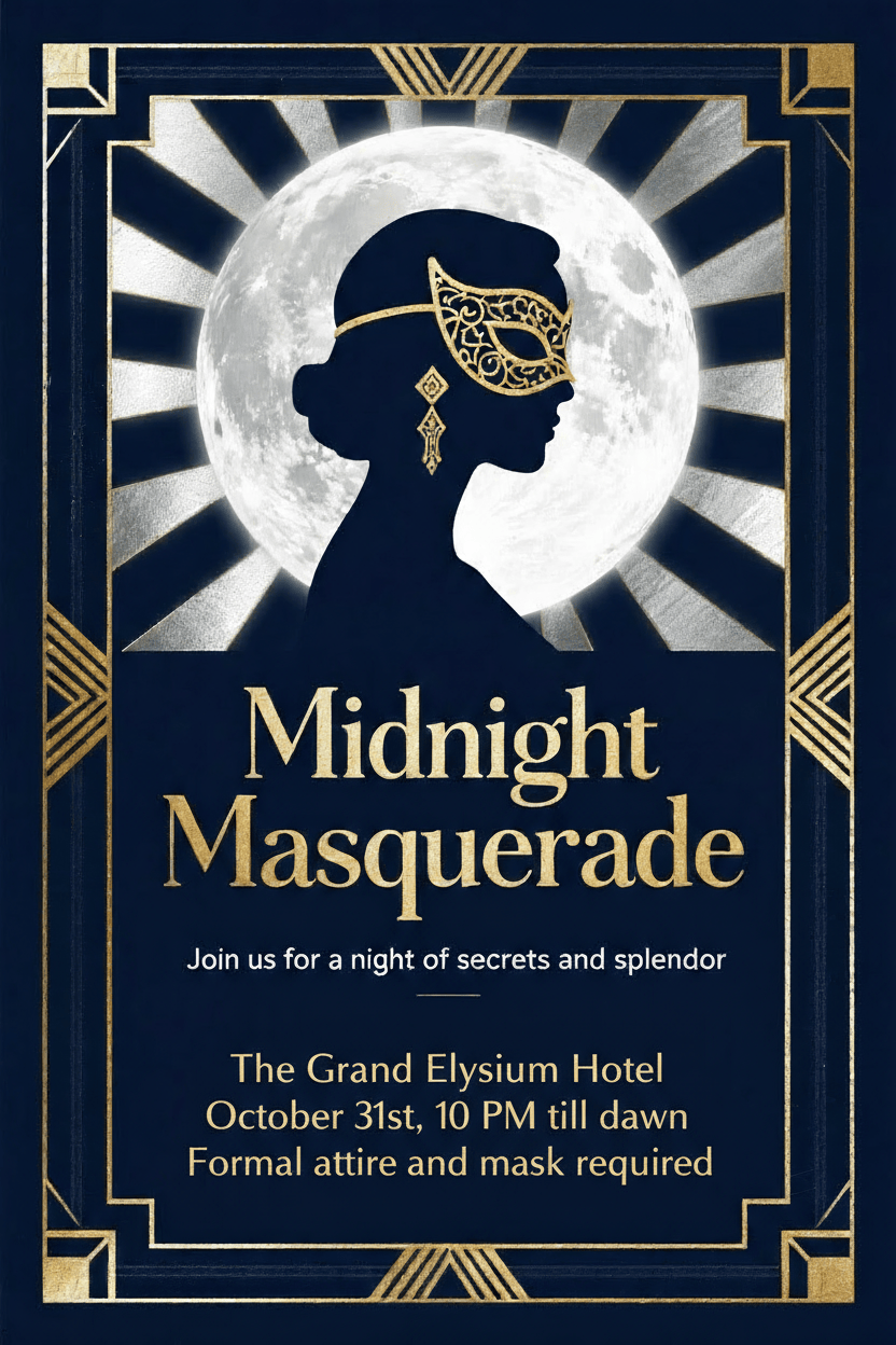 elegant art deco halloween soirée invitation with masquerade mask