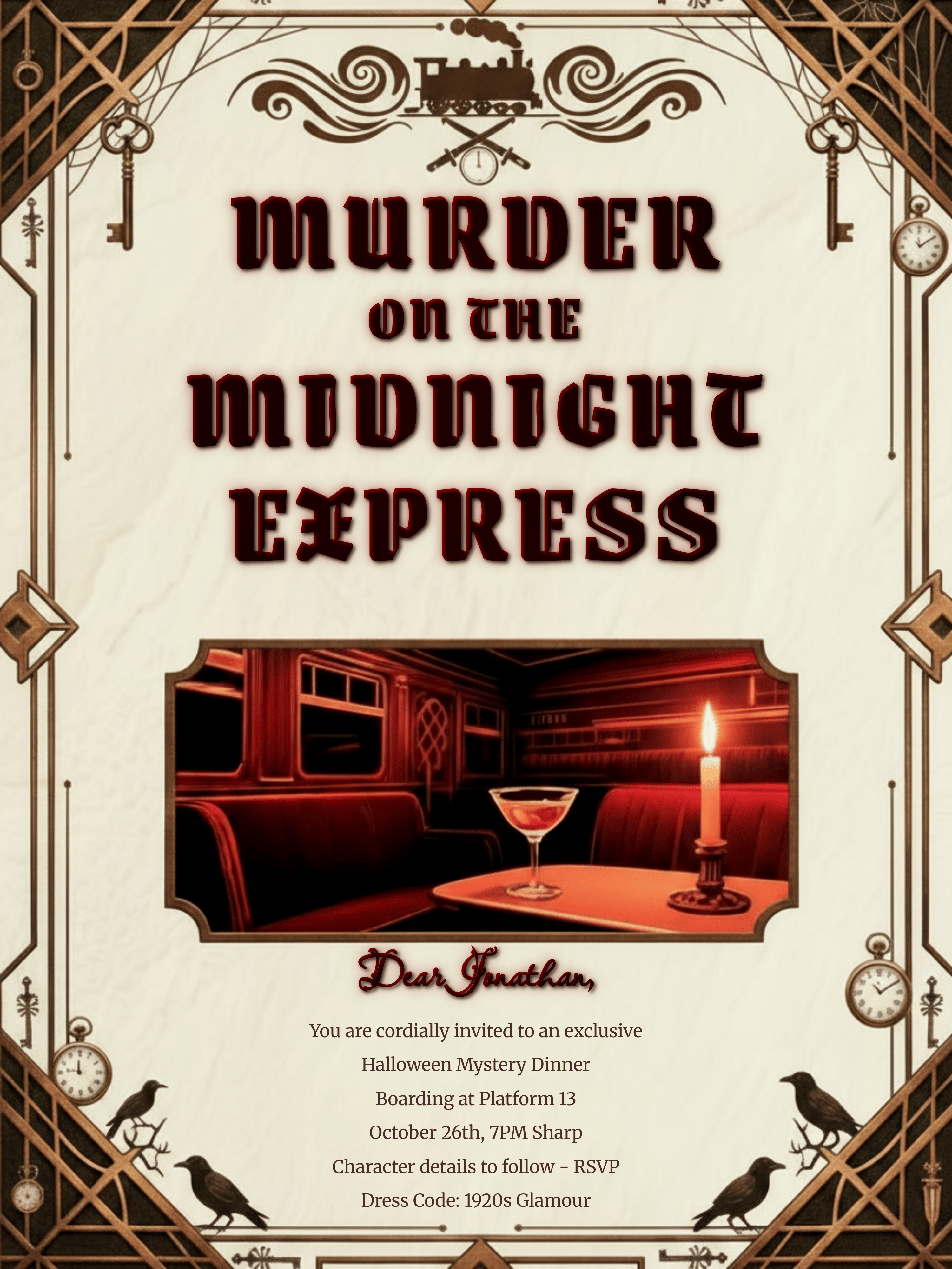 1920s halloween murder mystery party invitation on a train