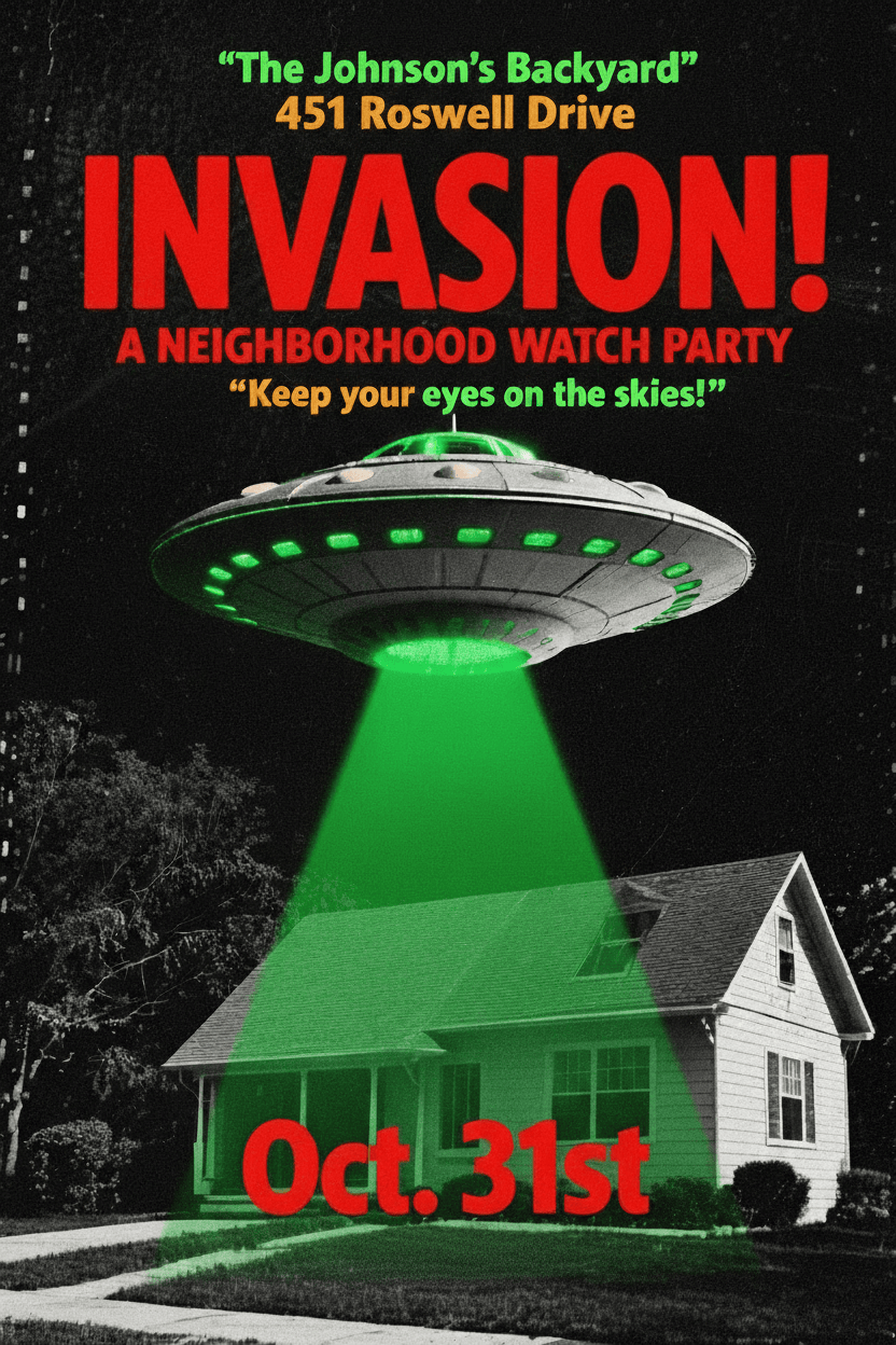 1950s sci-fi themed halloween party invitation with ufo