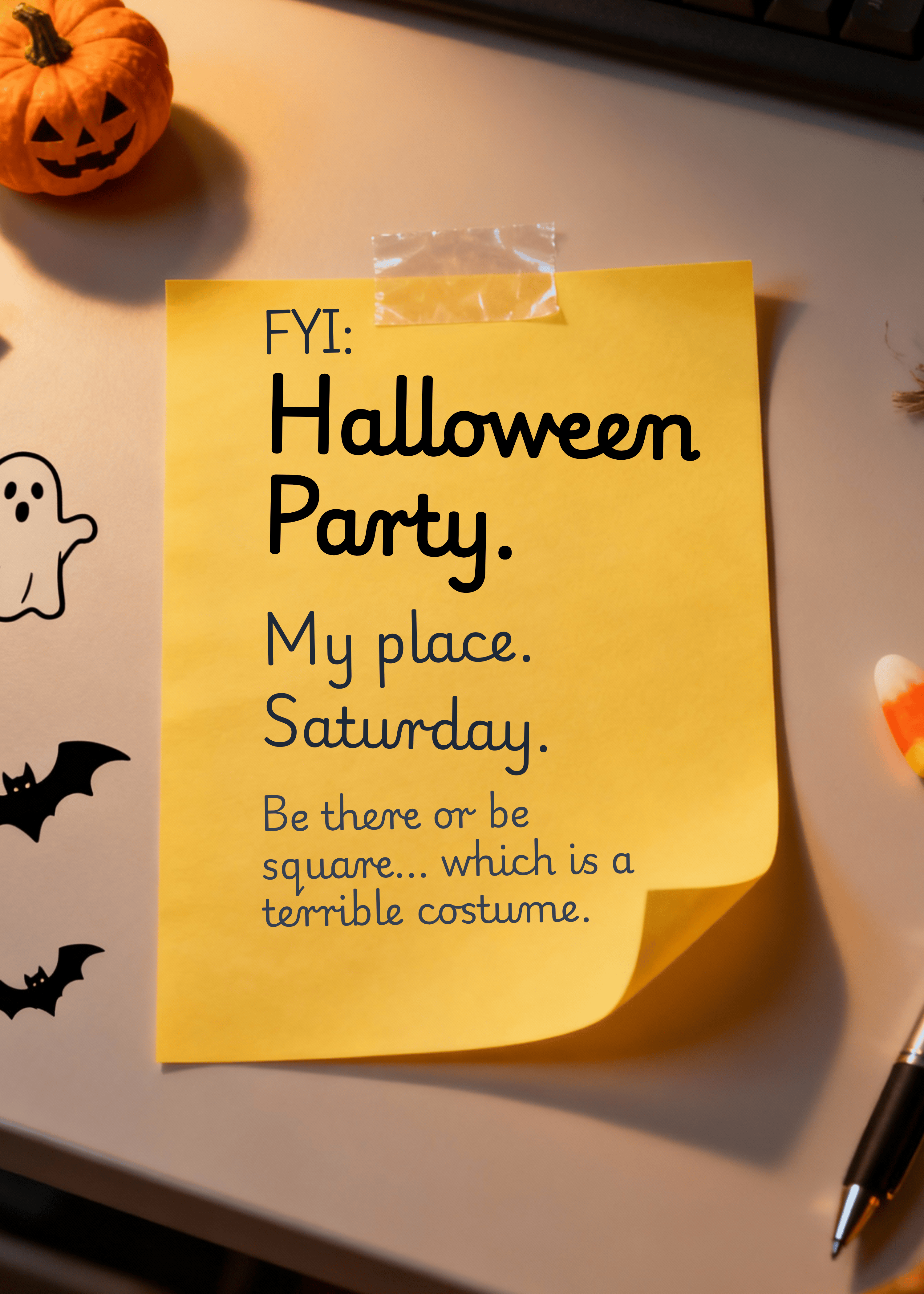 casual funny halloween invitation on post-it note