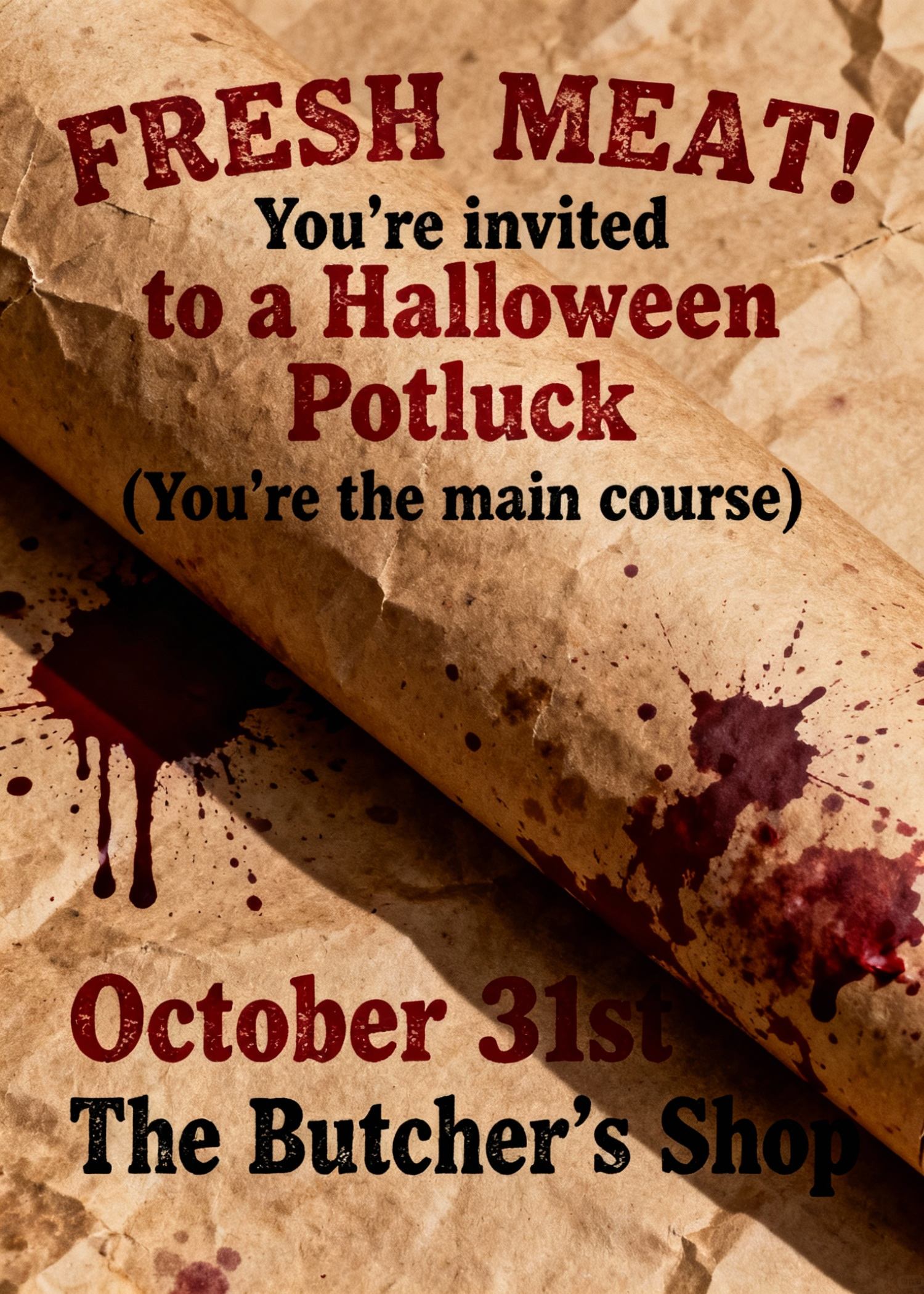 creepy butcher shop themed halloween party invitation