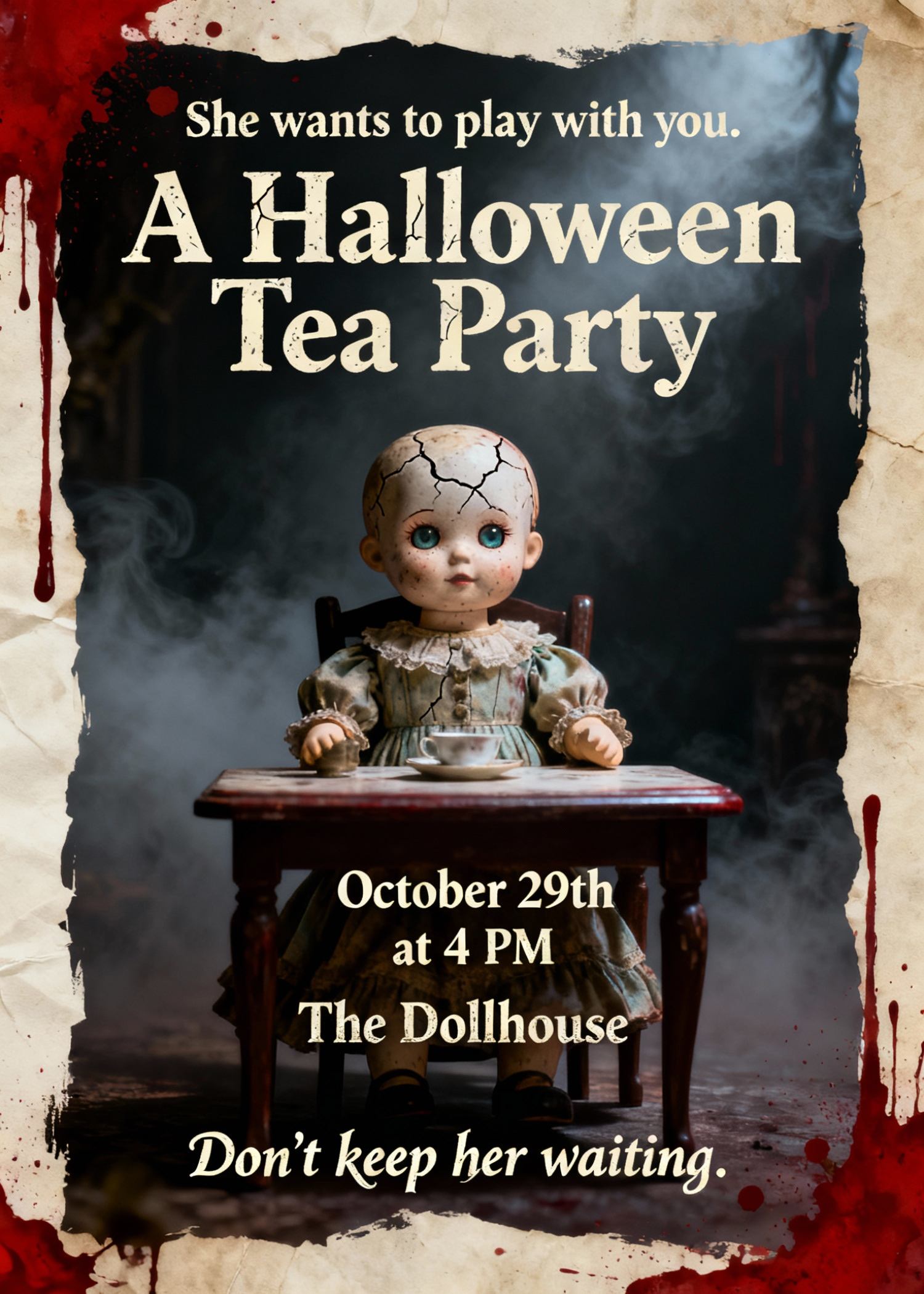 creepy doll halloween party invitation for tea party