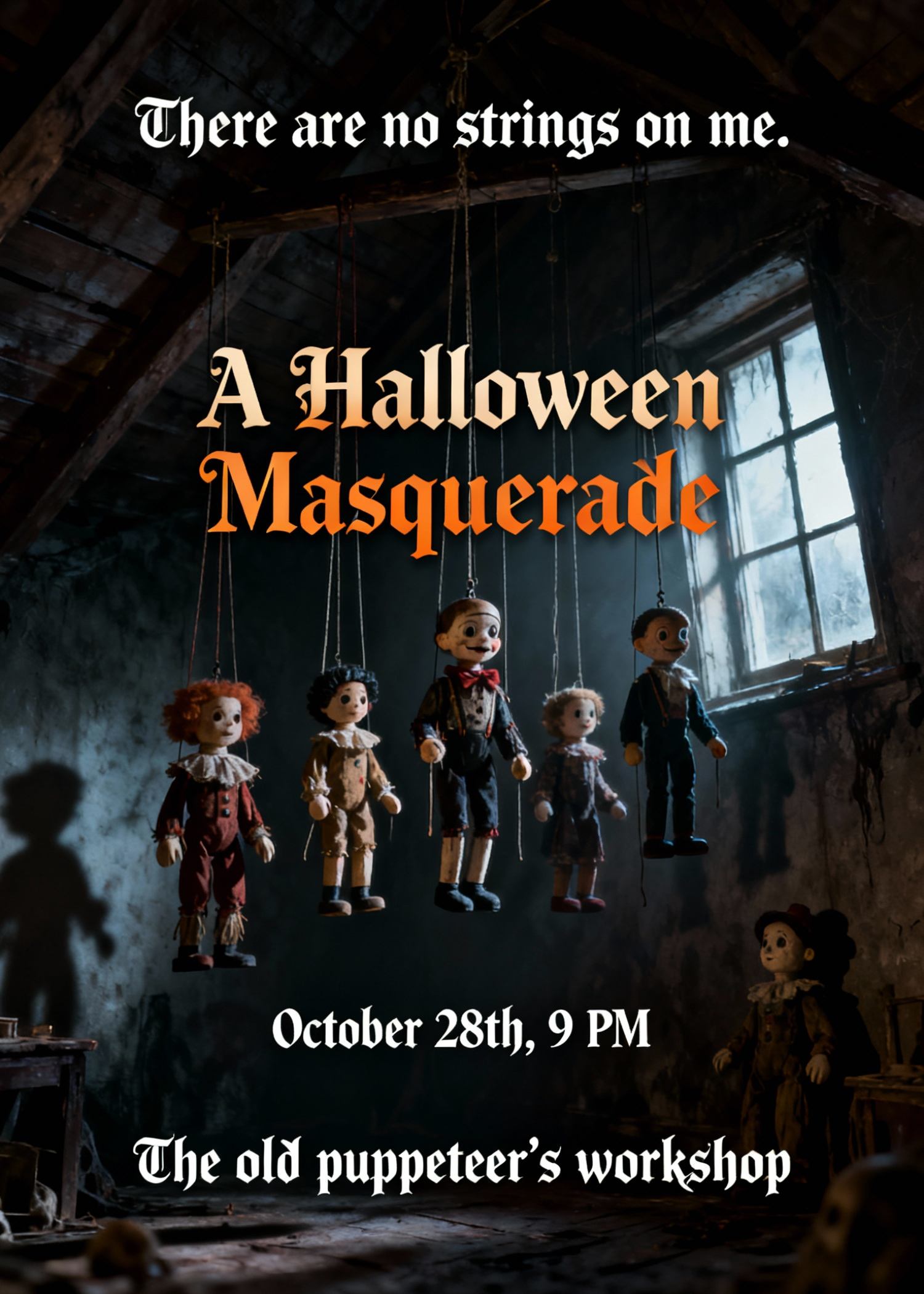 creepy halloween invitation with marionette puppets