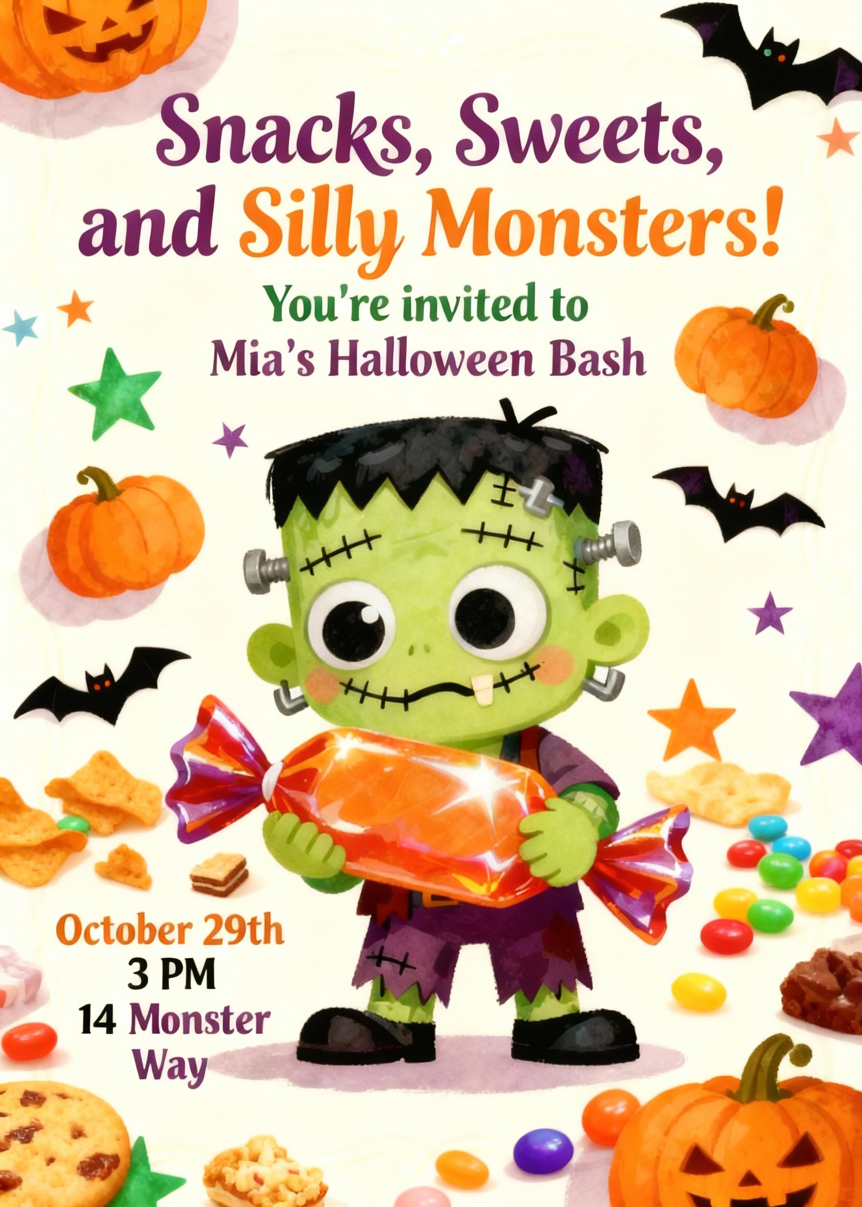 funny cute halloween invitation with frankenstein monster