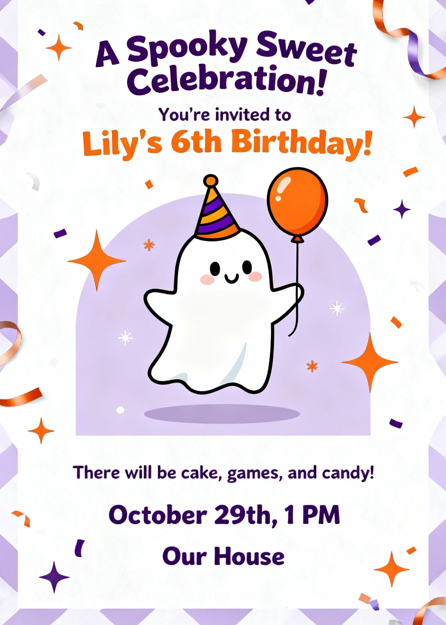cute halloween birthday invitation with ghost and balloon