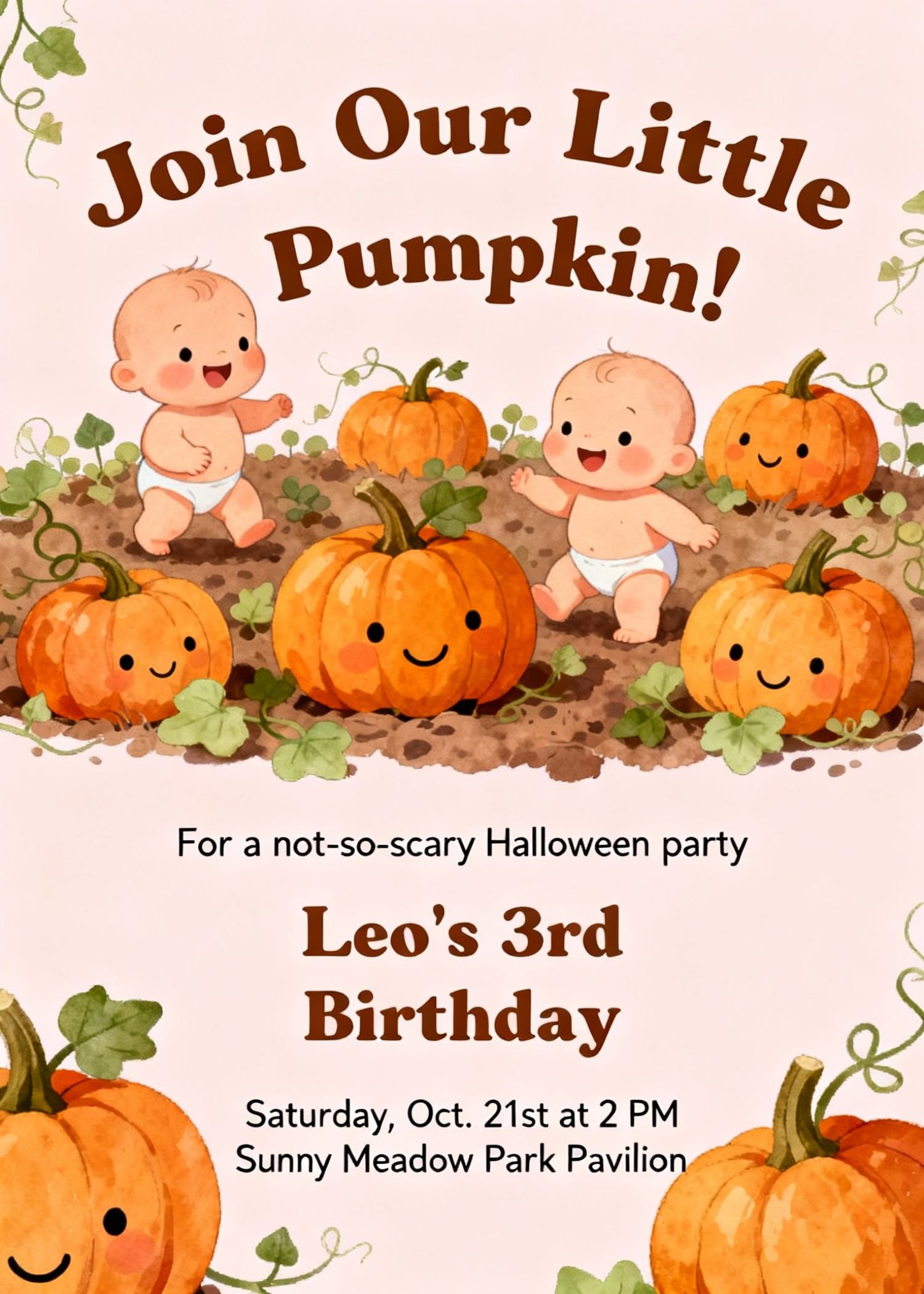 cute halloween invitation for kids party with pumpkins