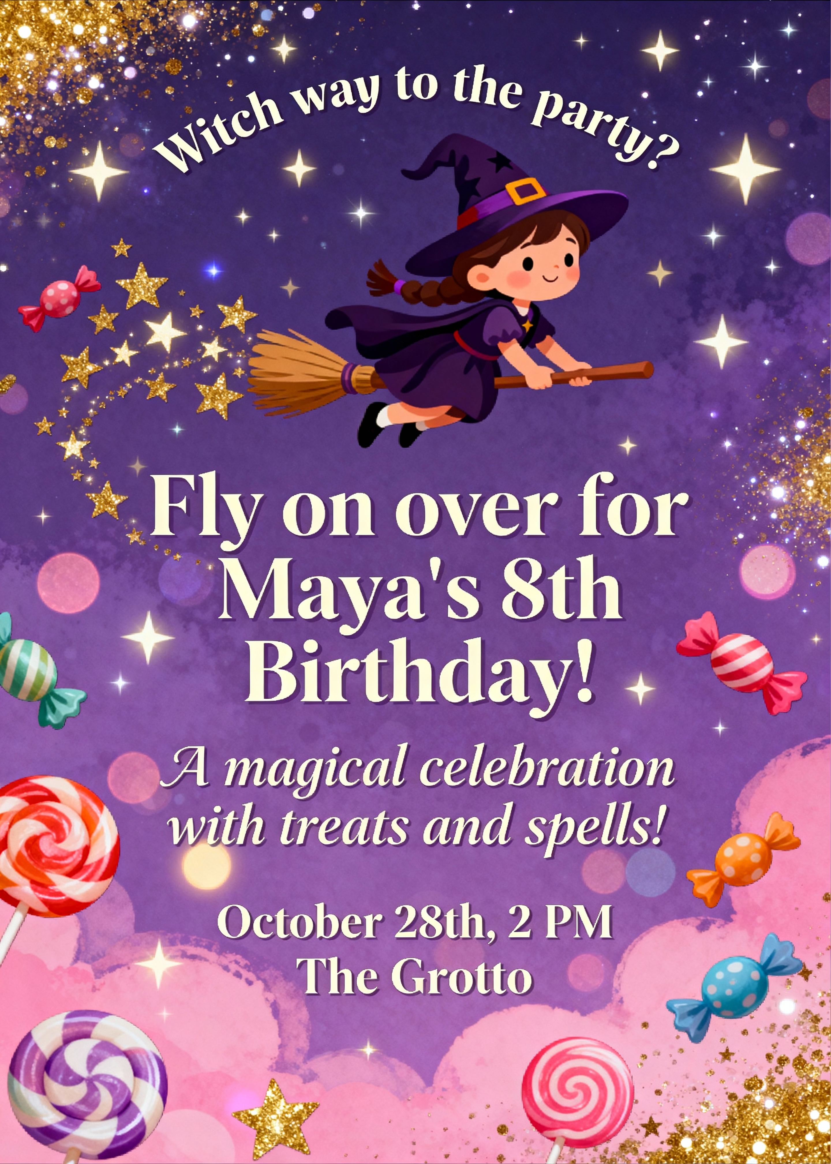 cute witch themed birthday invitation for halloween