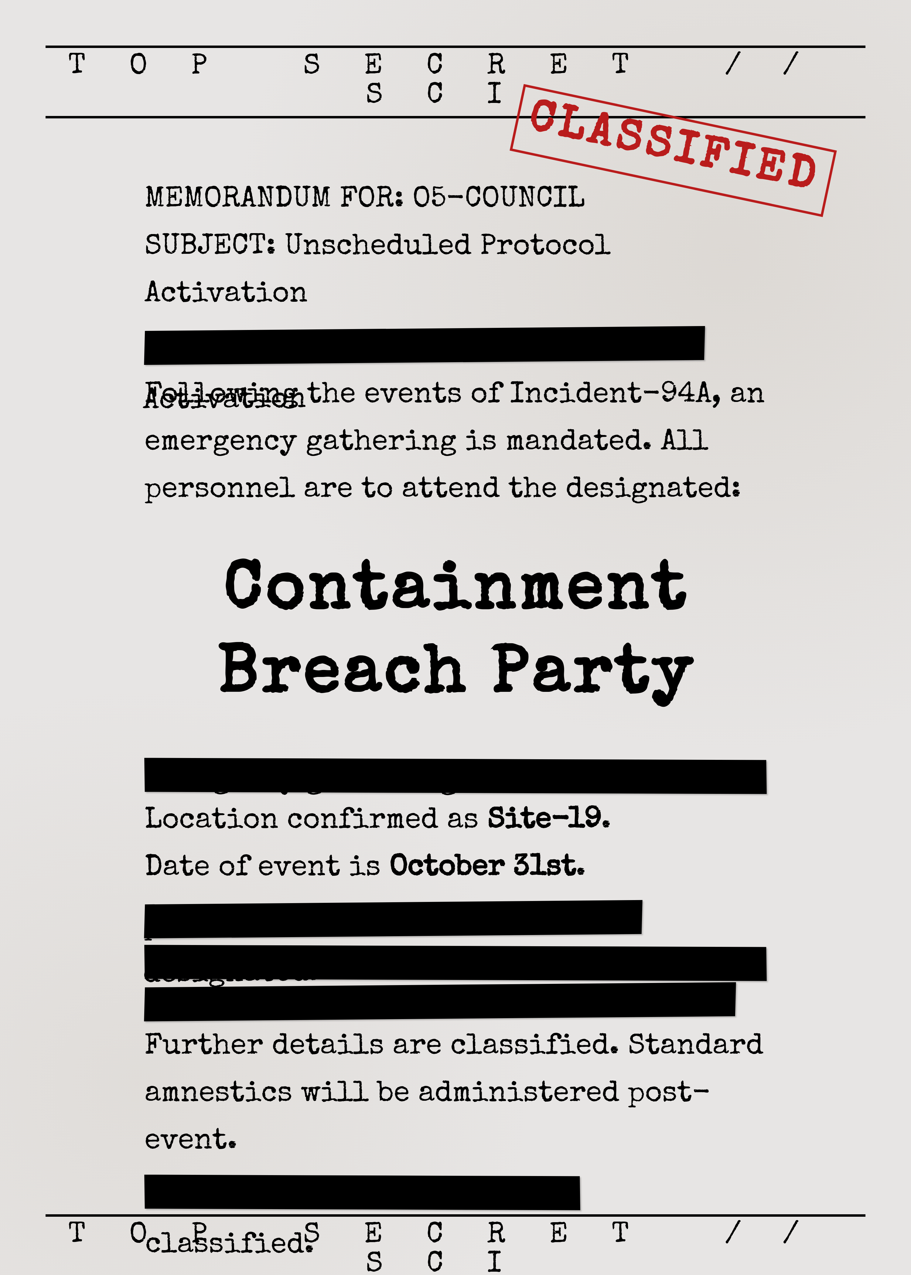 disturbing halloween invitation like a redacted document