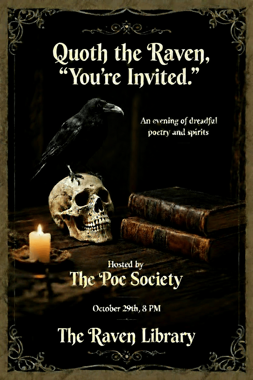 literary vintage halloween invitation with raven on a skull