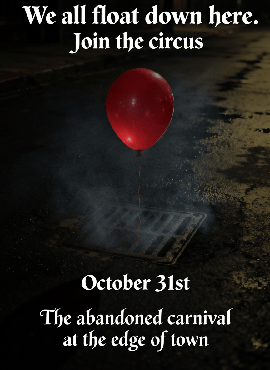 evil clown minimalist halloween invitation with red balloon