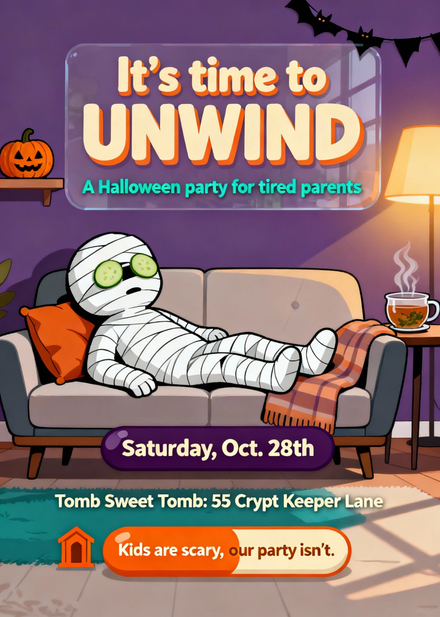 funny adult halloween invitation with relaxing mummy