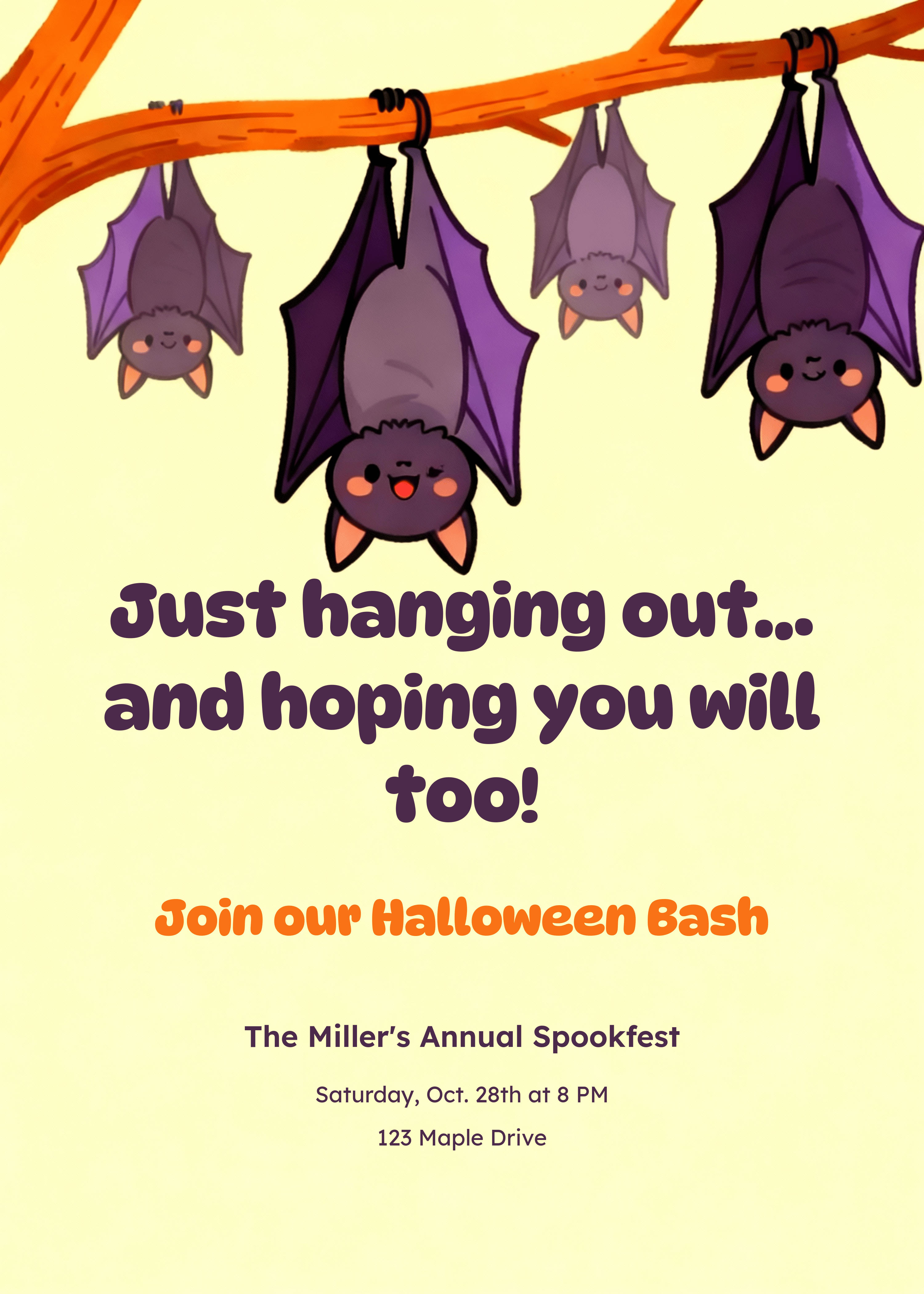 funny halloween invitation with cute hanging bats
