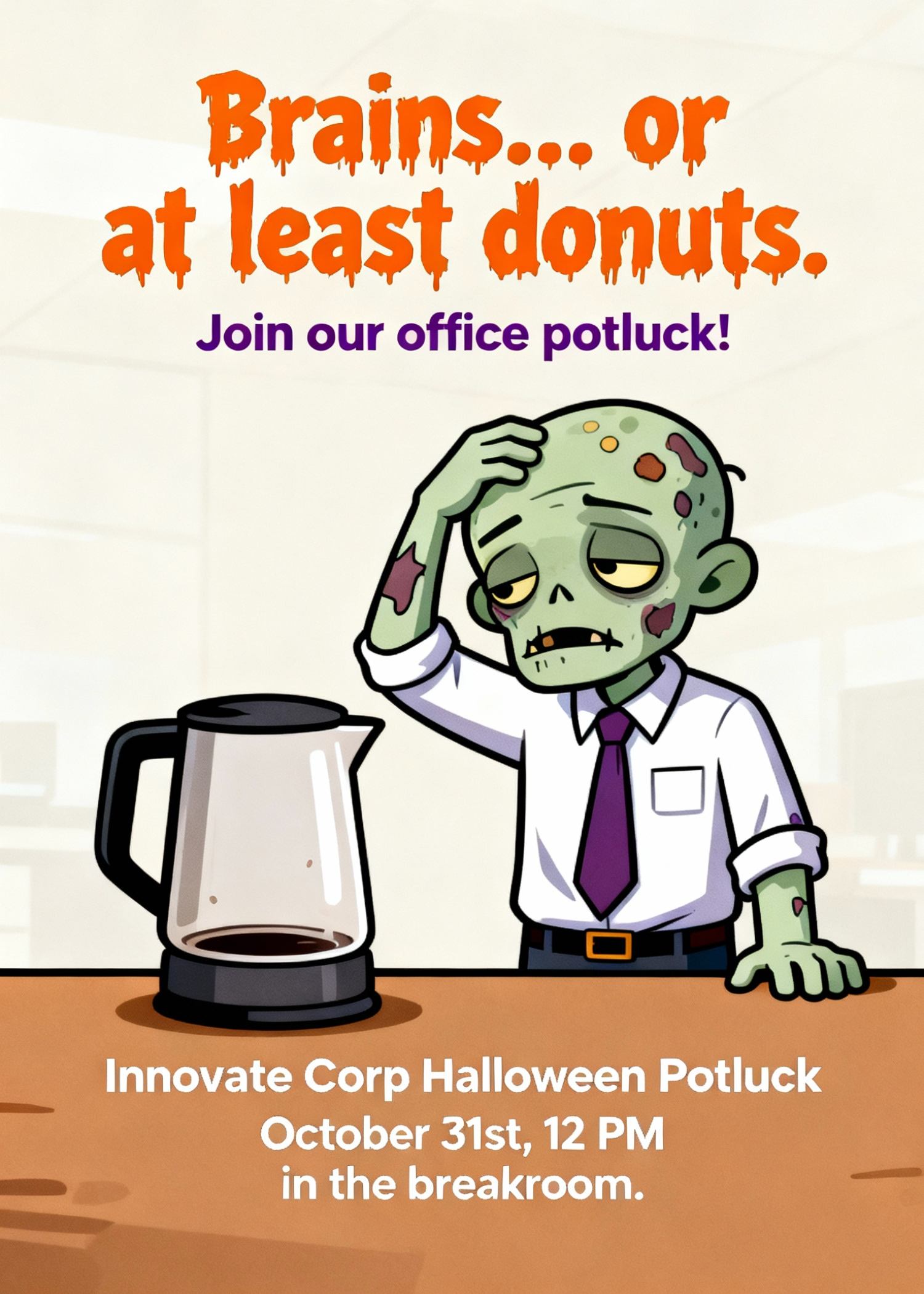 humorous office halloween invitation with tired zombie