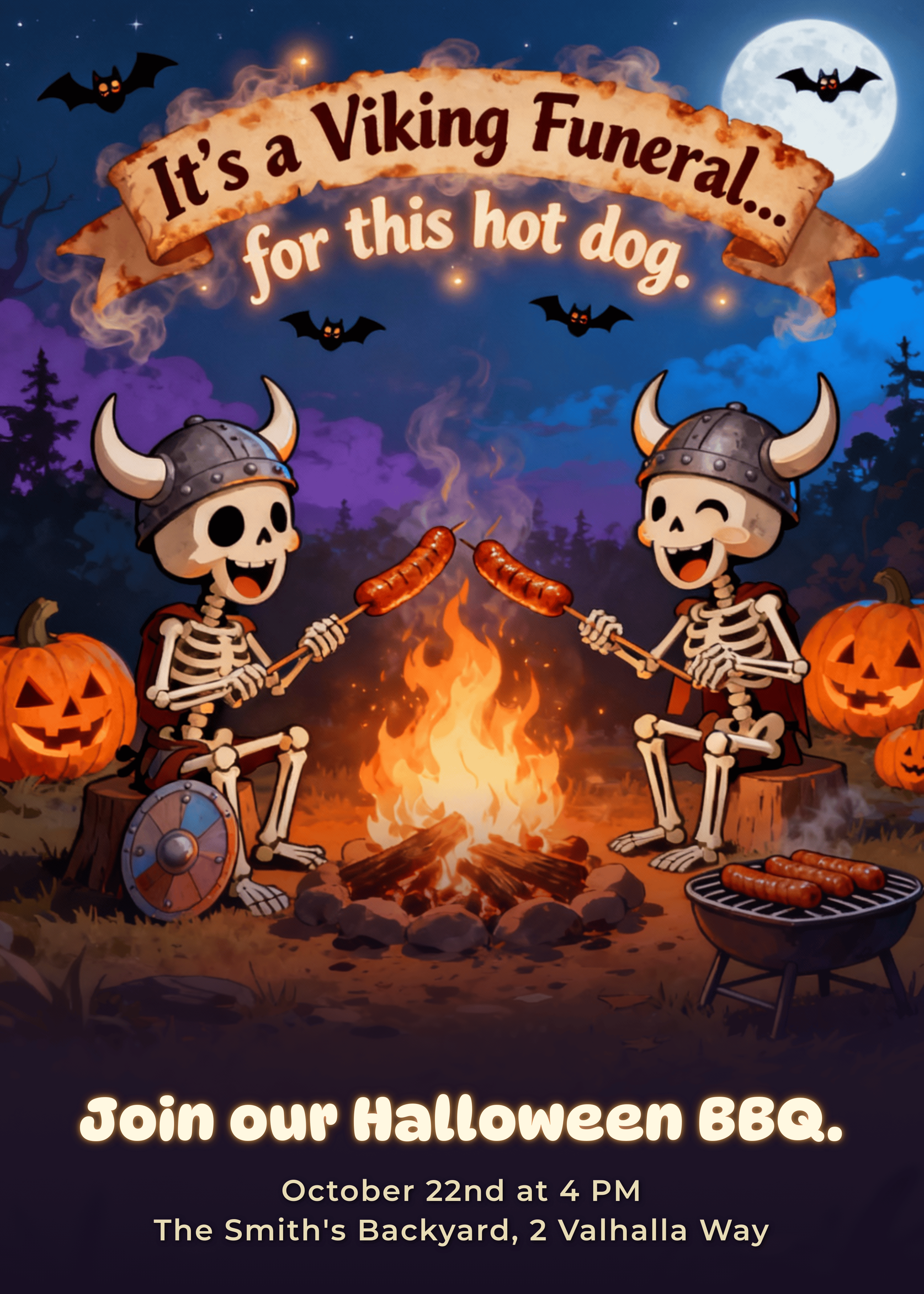 funny unique halloween bbq invitation with viking skeletons
