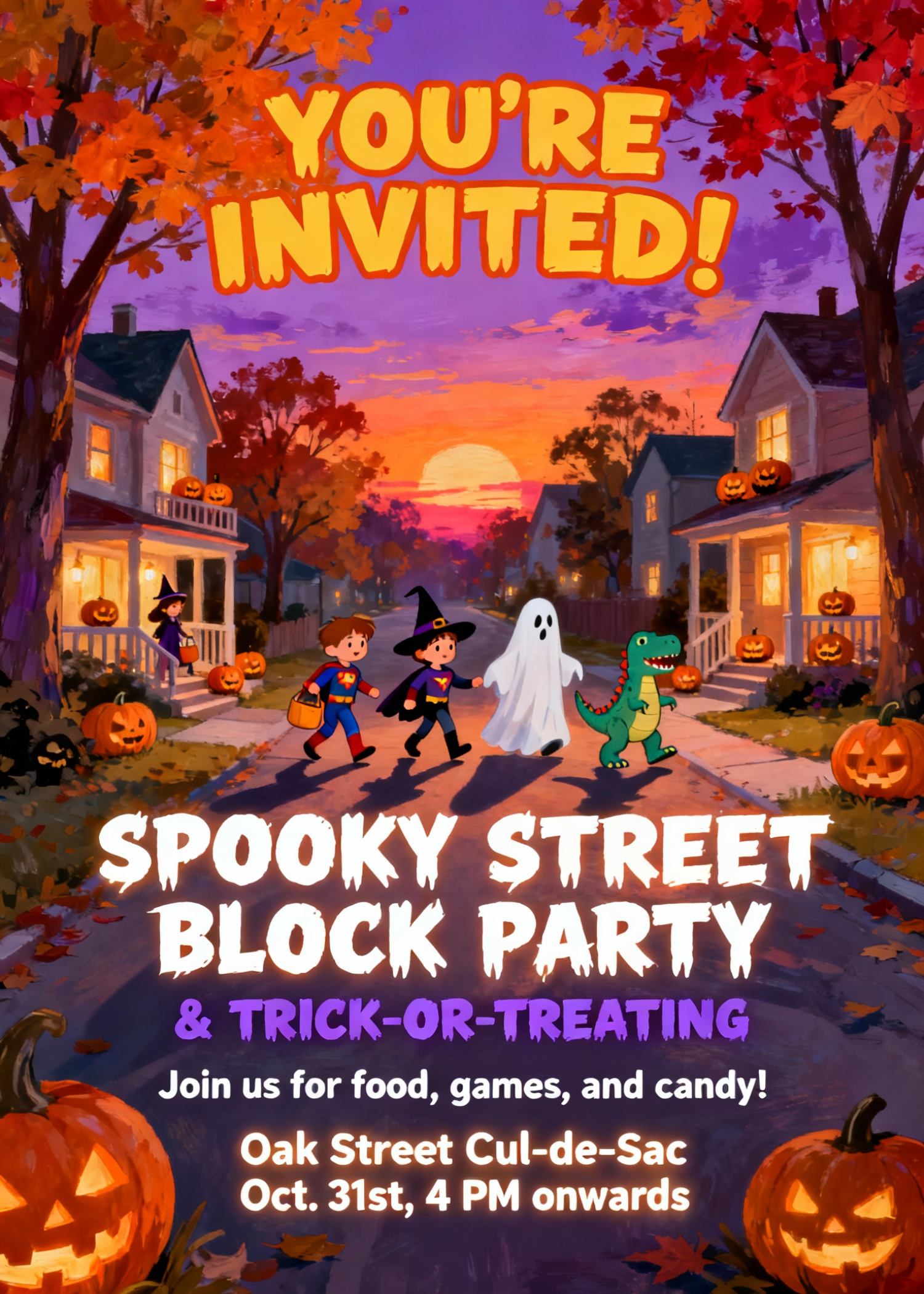 neighborhood halloween block party and trick-or-treat invite